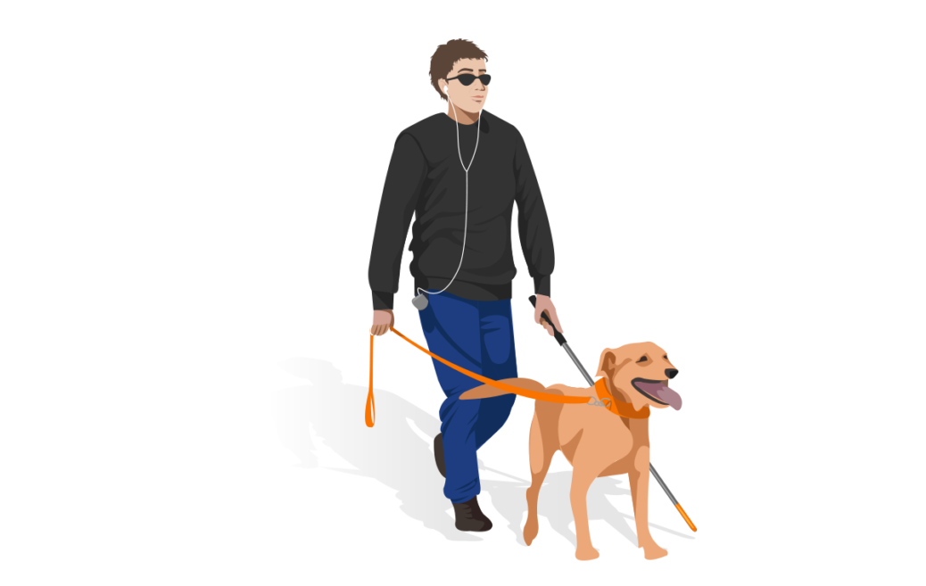 accessibility : low vision man with headphones walking with dog