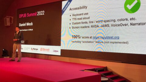 D. Weck in front of a large screen showing that Thorium has a 100% accessibility score.