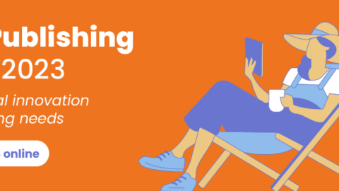 Digital Publishing Summit banner, orange background, a stylized person reads on a table in a chair. Large EDRLab logo.