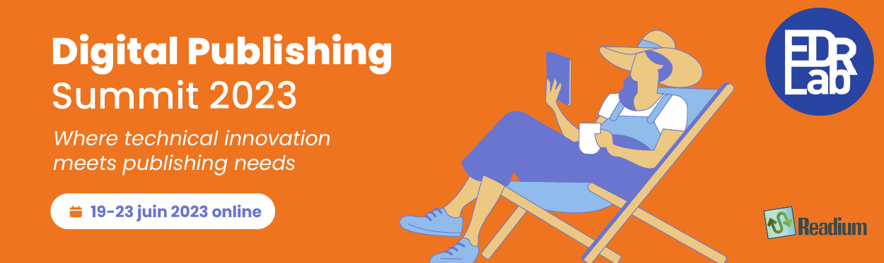 Digital Publishing Summit banner, orange background, a stylized person reads on a table in a chair. Large EDRLab logo.