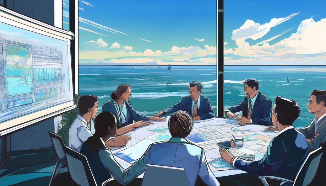 AI generated illustration: Eight people in a meeting room with a large table, discussing documents. A presentation screen displays data. Ocean view through large windows in the background.