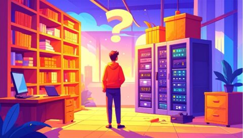 AI generated image, a man in front of computers and books, with a question mark upon his head.