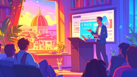 A speaker at a conference in firenze. showing how people acquire and read ebooks. Image generated by Firefly.