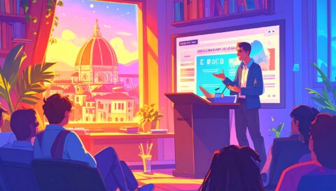 A speaker at a conference in firenze. showing how people acquire and read ebooks. Image generated by Firefly.